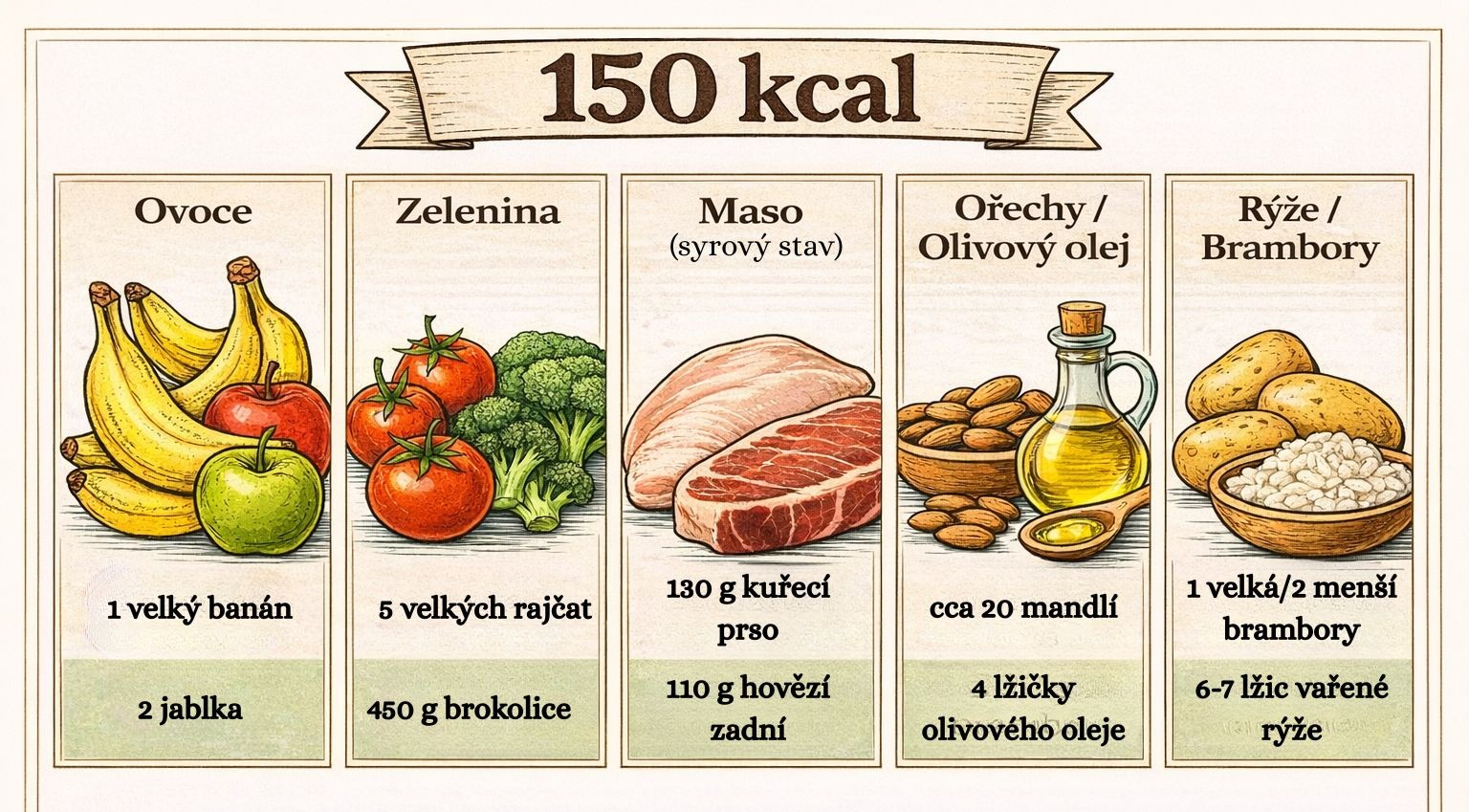 přehled různých typů potravin, co mají 150 kcal